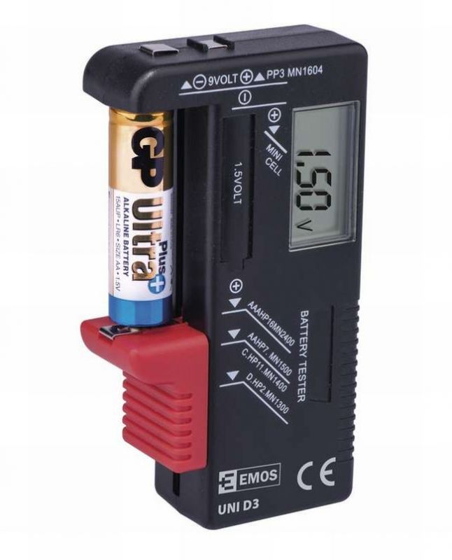 Univerzální tester baterií AA, AAA, C, D, 9V, knoflíkové MW Emos
